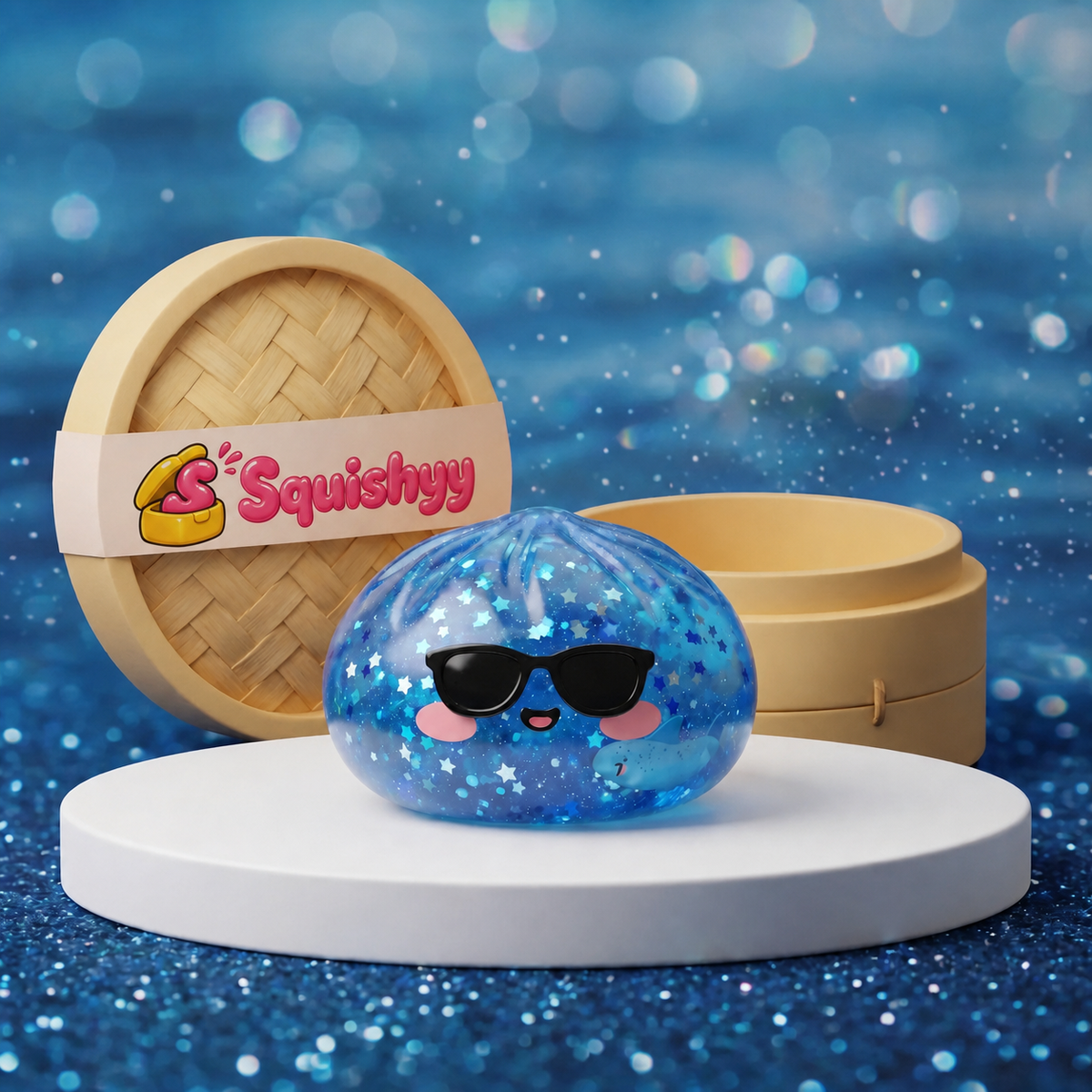 Squishy Dumpling à Lunettes Pailleté — vu de face sur fond neutre
