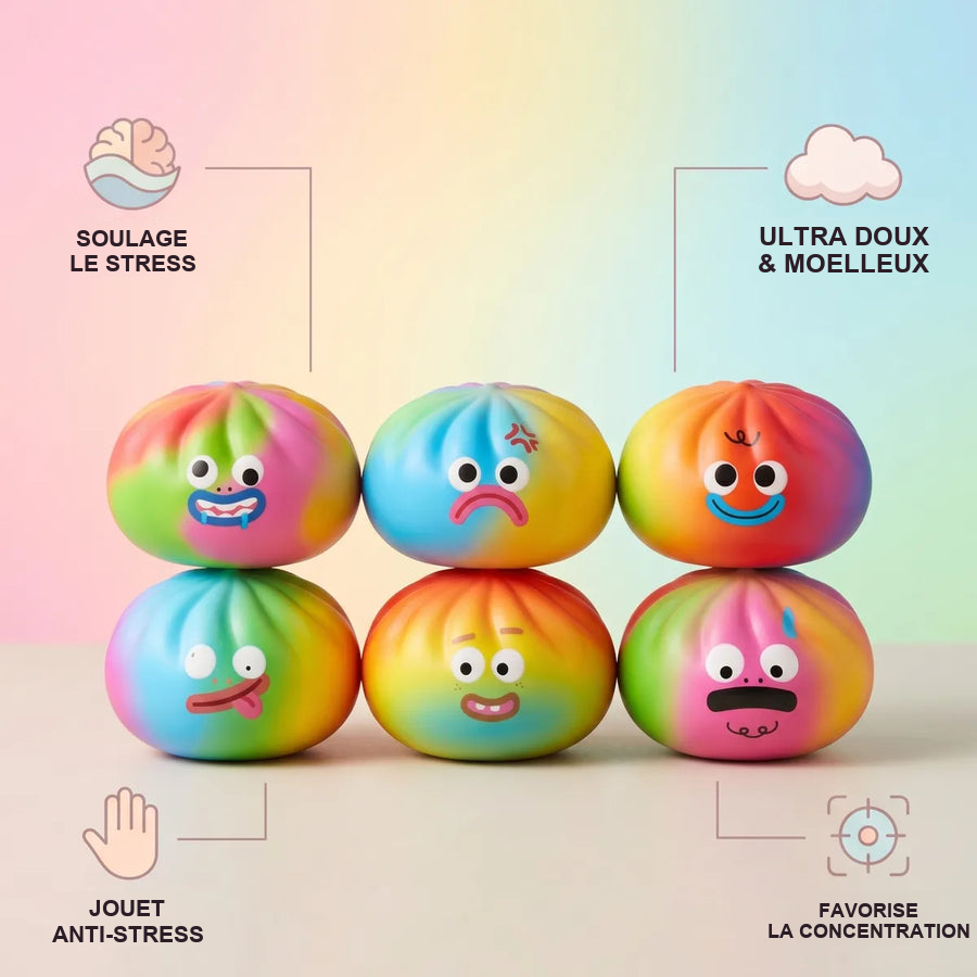 Squishy Dumpling Mystère Arc-en-ciel — guide des tailles, comparaison avec une main