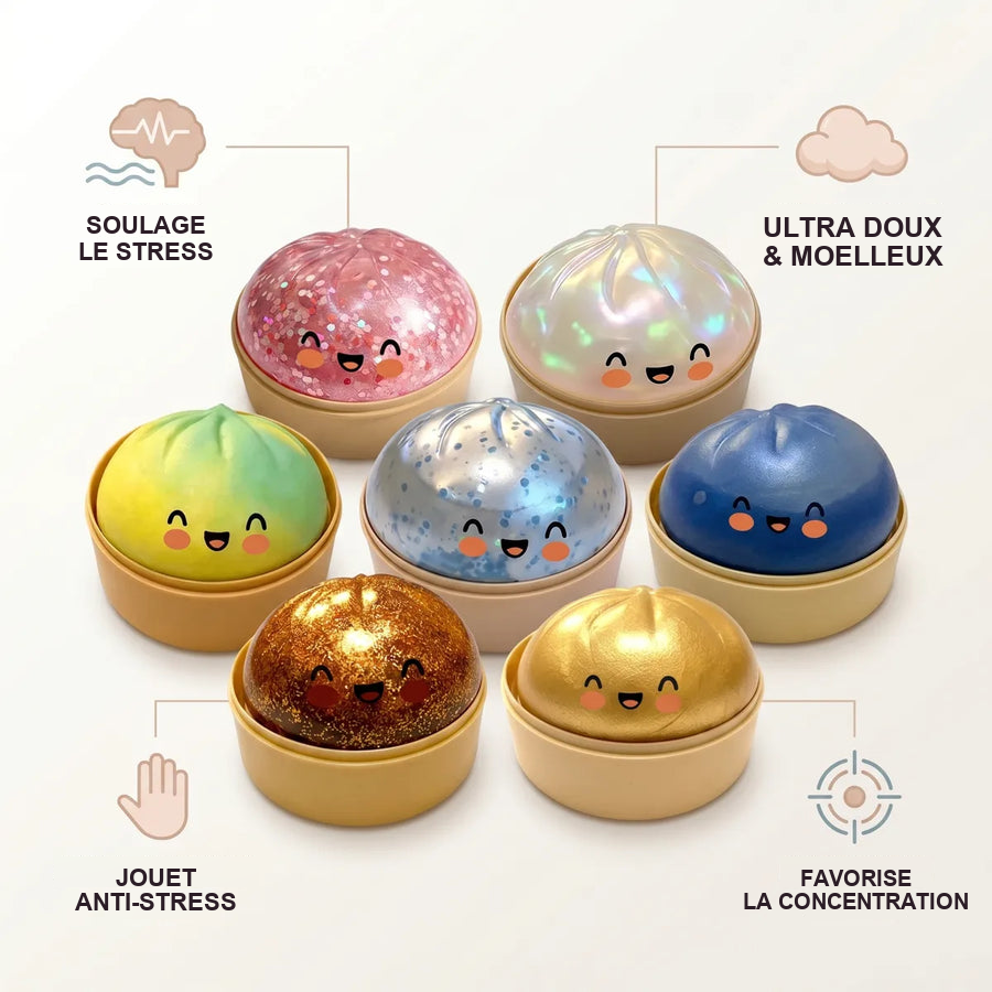 Squishy Dumpling Mystère Brioche — guide des tailles, comparaison avec une main