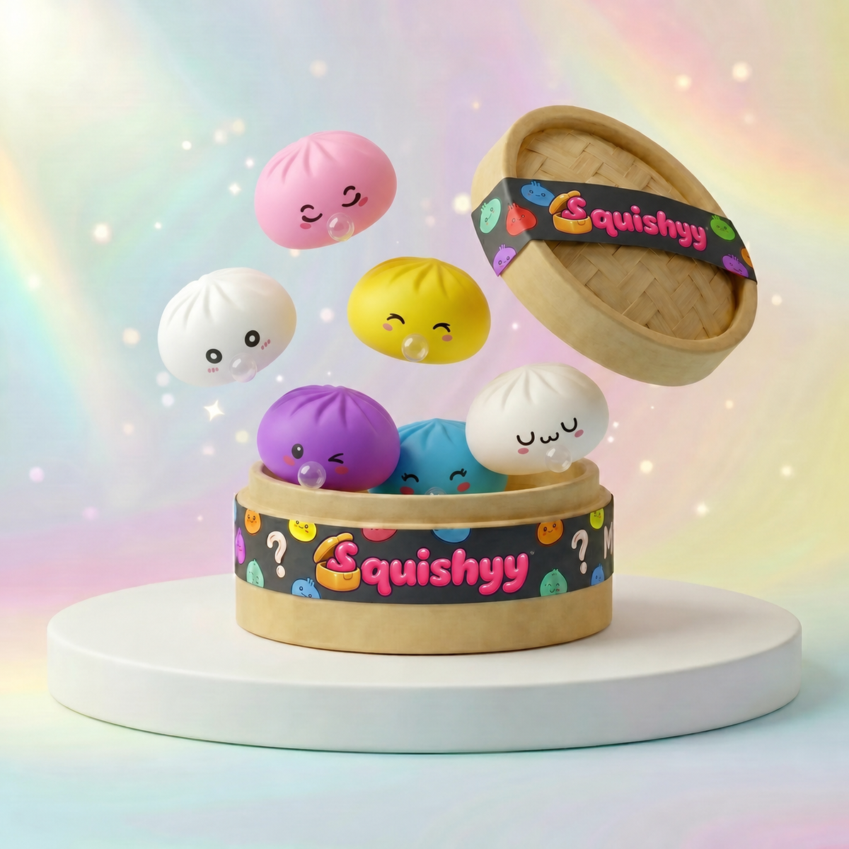 Squishy Dumpling Mystère Bubble — vu de face sur fond neutre