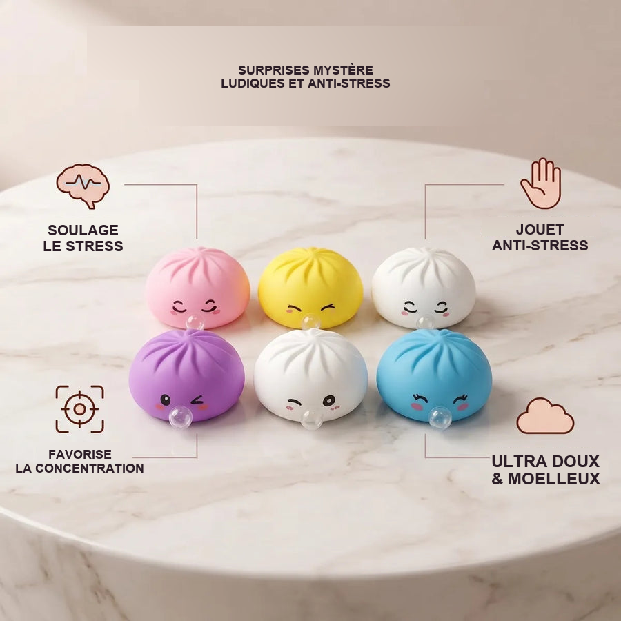 Squishy Dumpling Mystère Bubble — guide des tailles, comparaison avec une main