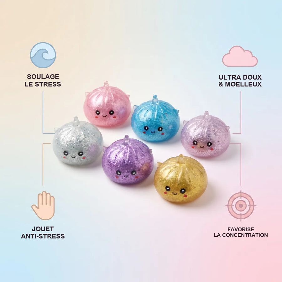 Squishy Dumpling Mystère Licorne Pailleté — guide des tailles, comparaison avec une main