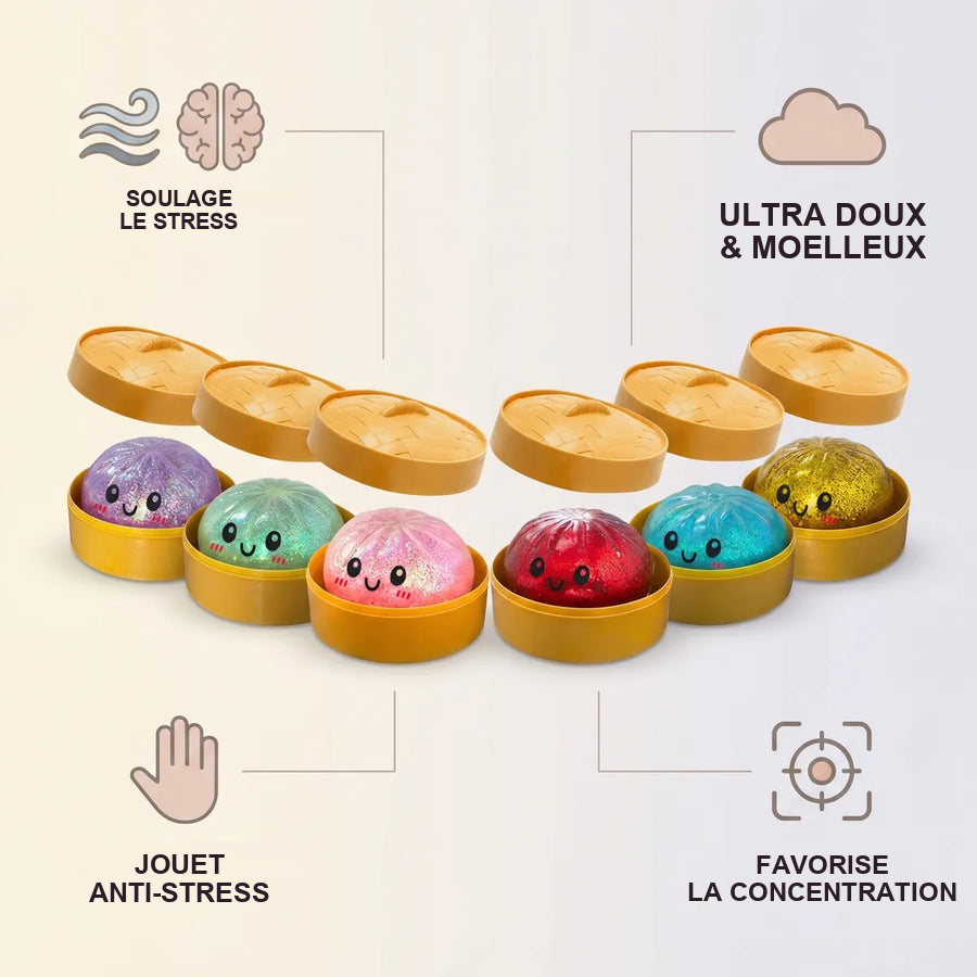 Squishy Dumpling Mystère Paillettes — guide des tailles, comparaison avec une main