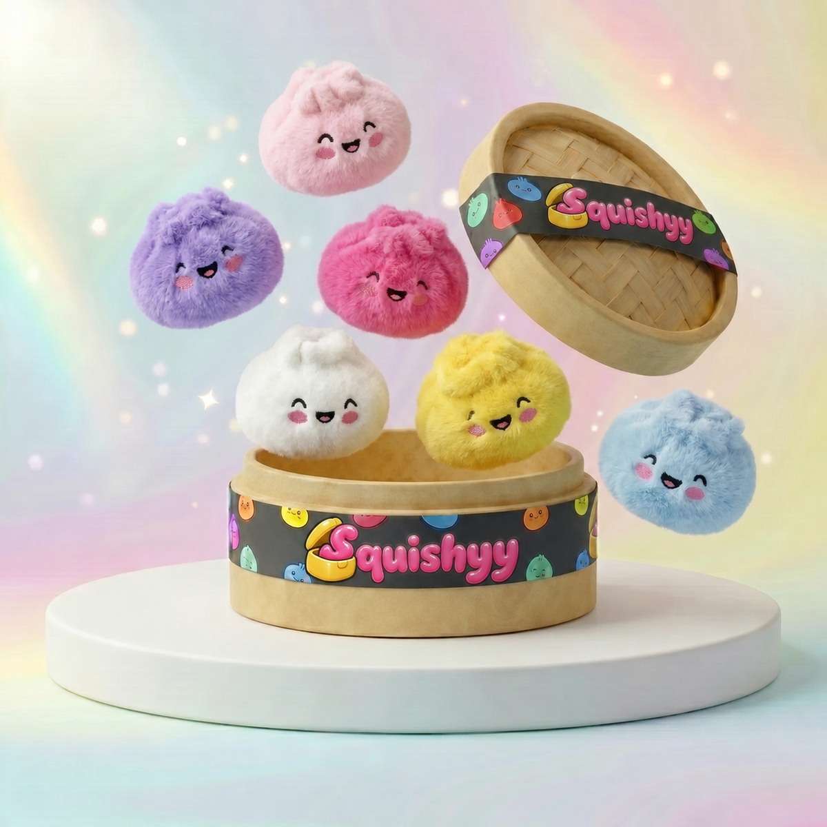 Squishy Dumpling Mystère Peluche — vu de face sur fond neutre