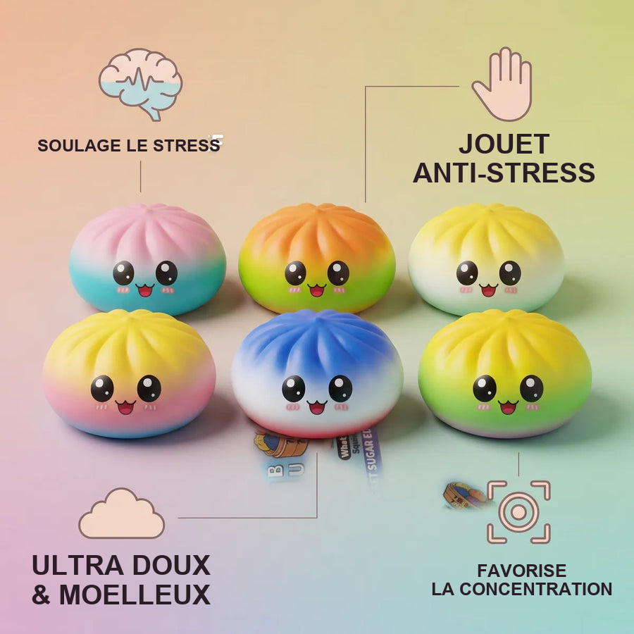 Squishy Dumpling Mystère Visage Kawaii — guide des tailles, comparaison avec une main
