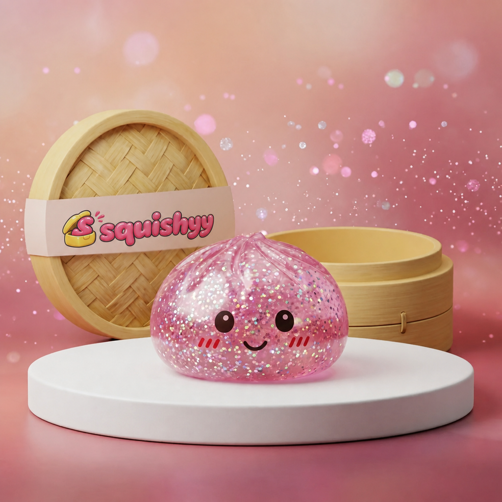 Squishy Dumpling Rose à Paillettes — photographié en studio