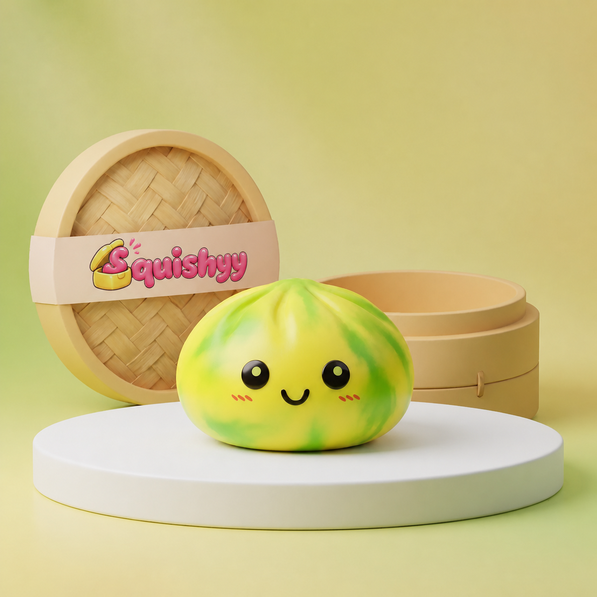 Squishy Dumpling Tie & Dye Jaune Vert — vu de face sur fond neutre