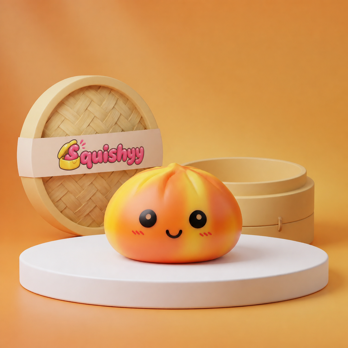 Squishy Dumpling Tie & Dye Orange — vu de face sur fond neutre