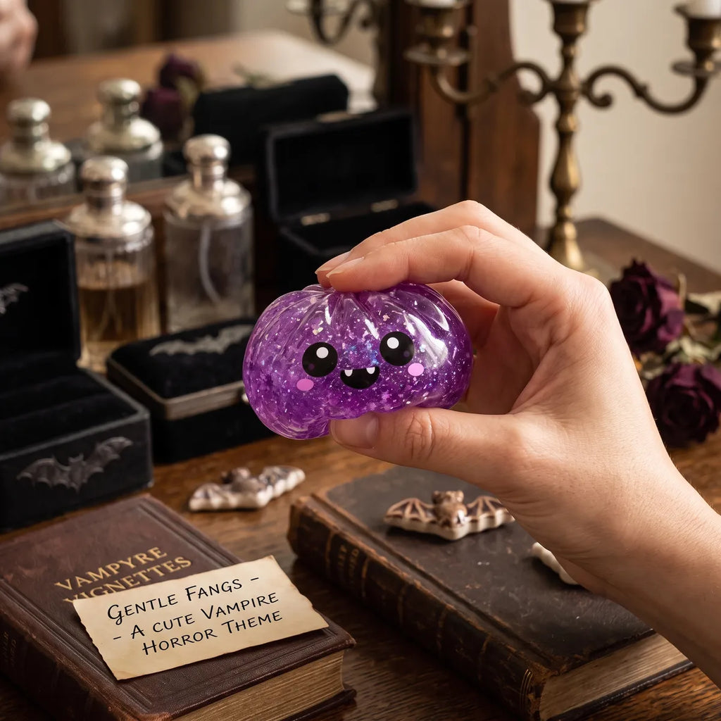 Squishy Dumpling Vampire violet à paillettes — Halloween — manipulé entre les doigts