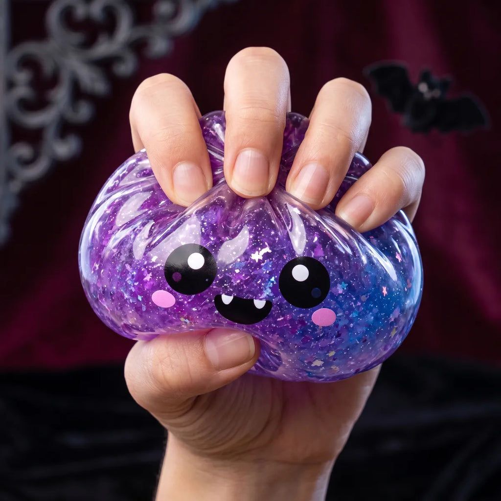 Squishy Dumpling Vampire violet à paillettes — Halloween — pressé, reprise lente de la forme
