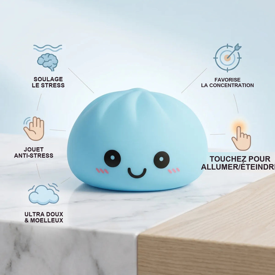Veilleuse Squishy Dumpling Bleue — guide des tailles, comparaison avec une main