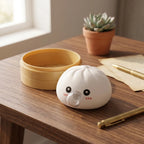 Squishy Dumpling Bubble Blanc — dans son panier vapeur en bambou