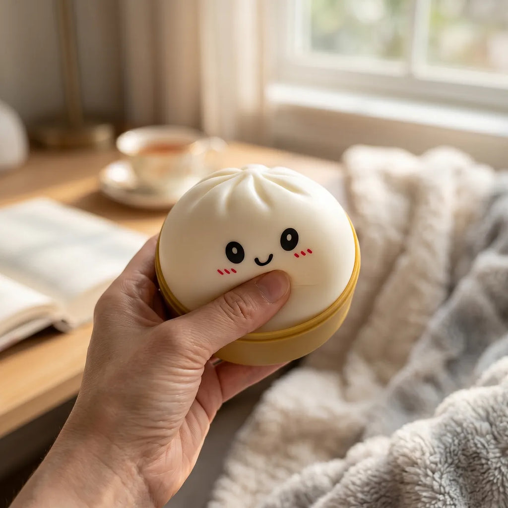 Squishy Dumpling Blanc Neige — posé sur un bureau