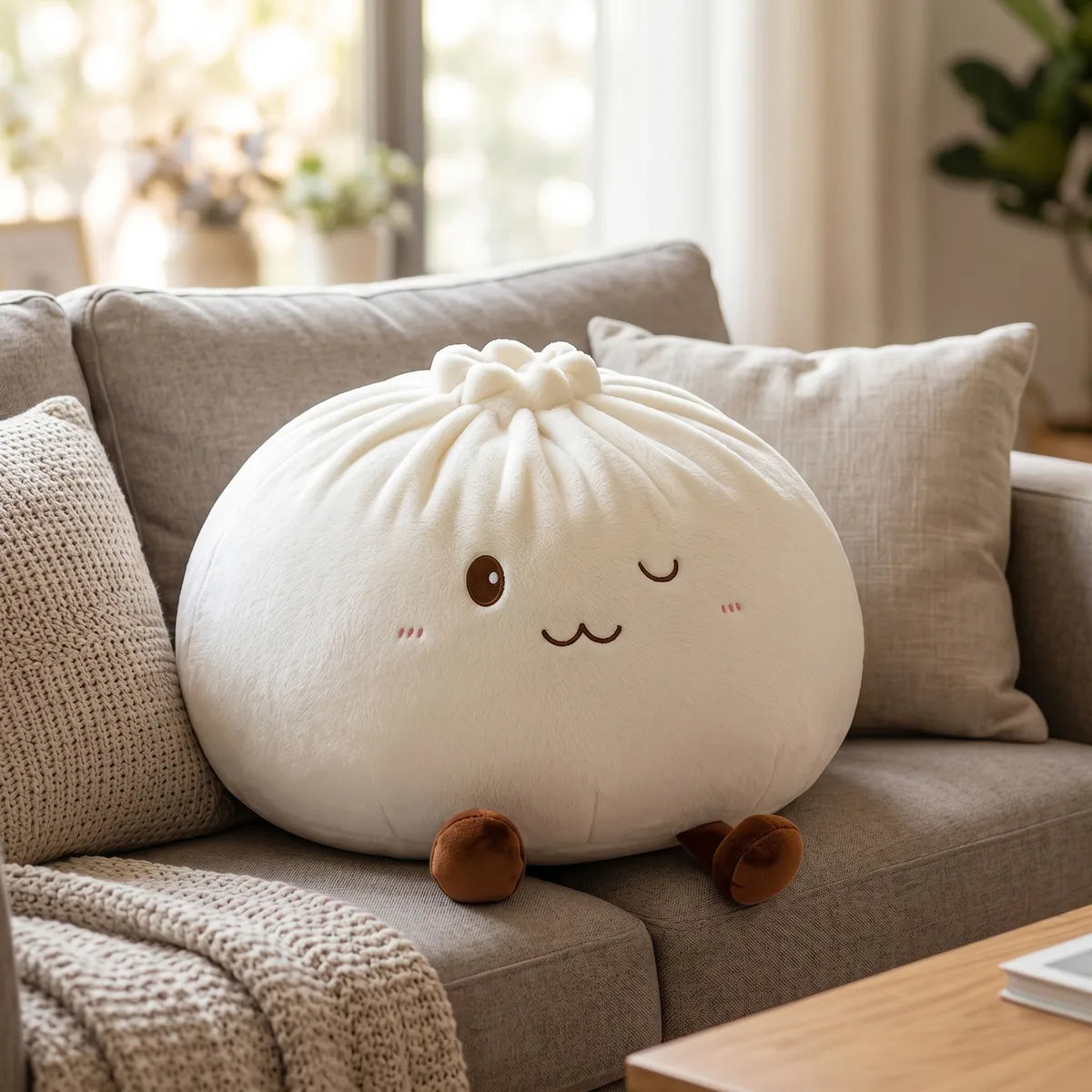 Squishy Dumpling Blanc XXL Coussin — posé sur un canapé