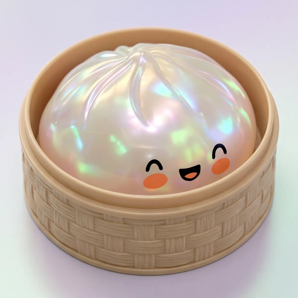 Squishy Dumpling Blanc Nuage — dans son panier vapeur en bambou