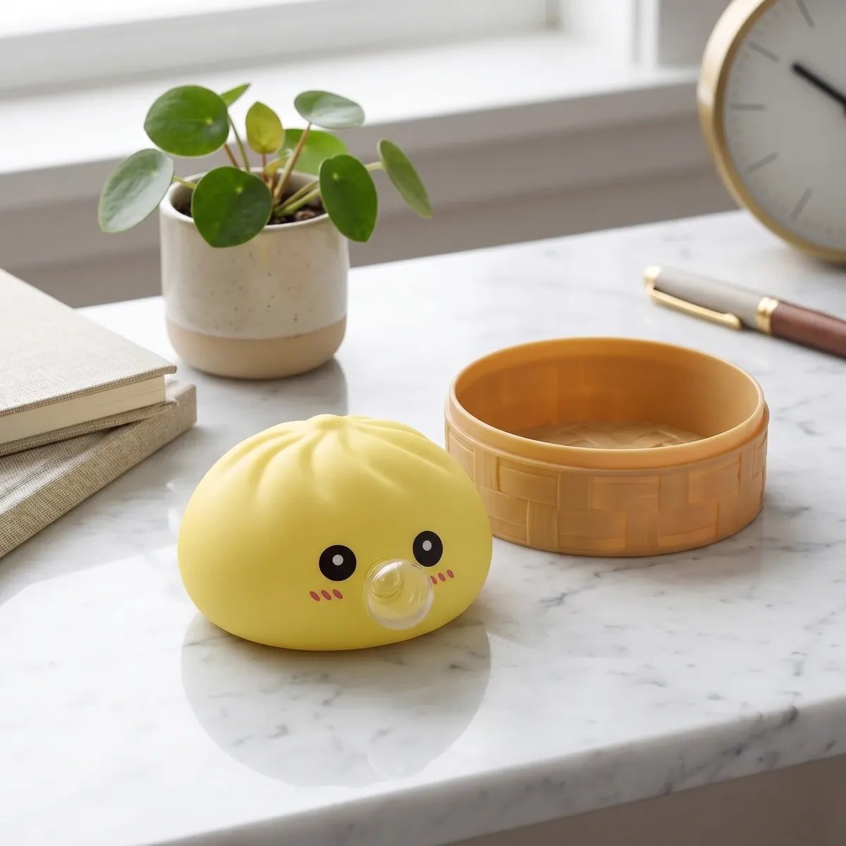 Squishy Dumpling Bubble Jaune — dans son panier vapeur en bambou