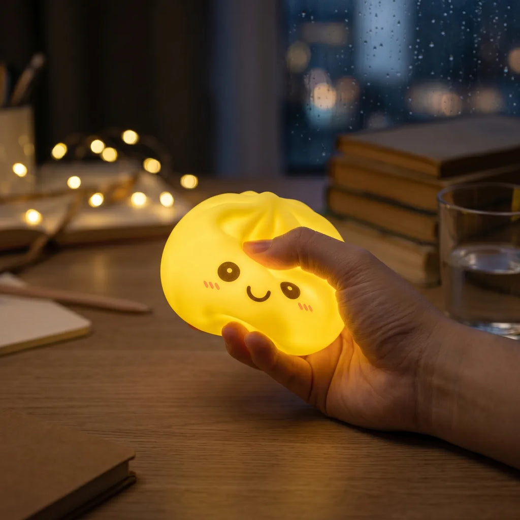 Veilleuse Squishy Dumpling Jaune — allumée dans l'obscurité