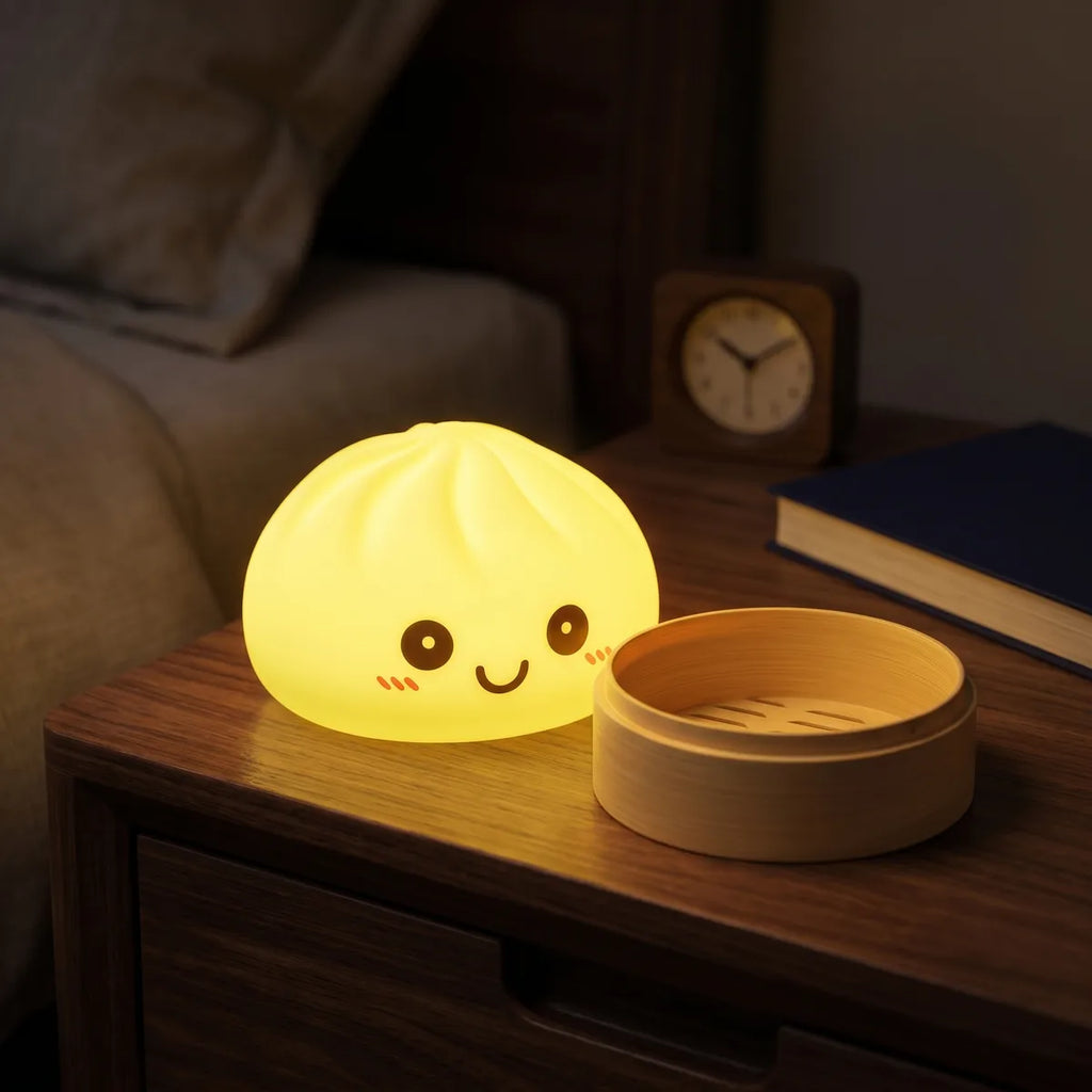Veilleuse Squishy Dumpling Jaune — dans son panier vapeur en bambou