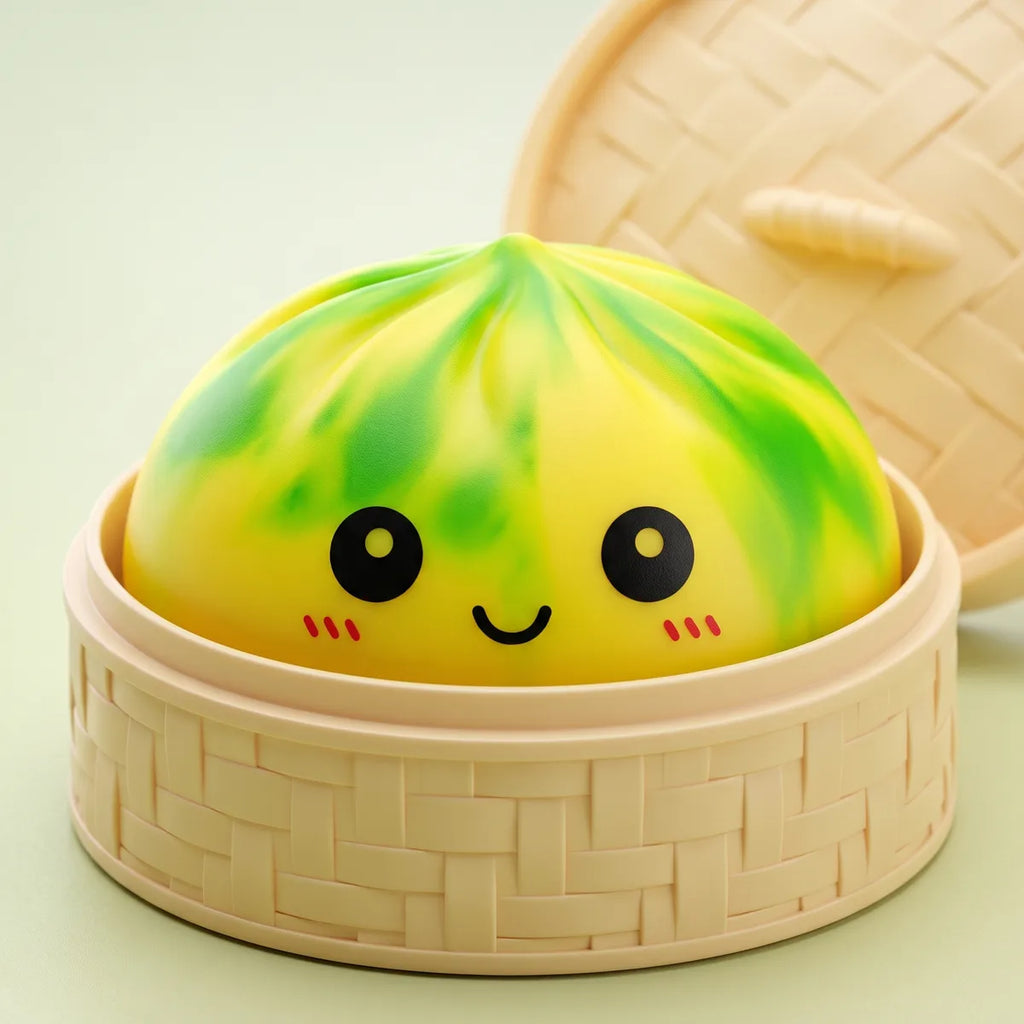 Squishy Dumpling Tie & Dye Jaune Vert — dans son panier vapeur en bambou