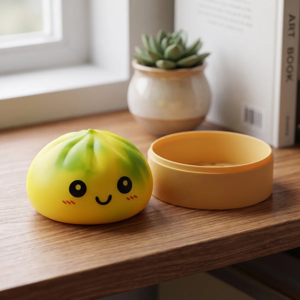 Squishy Dumpling Tie & Dye Jaune Vert — en situation sur un bureau
