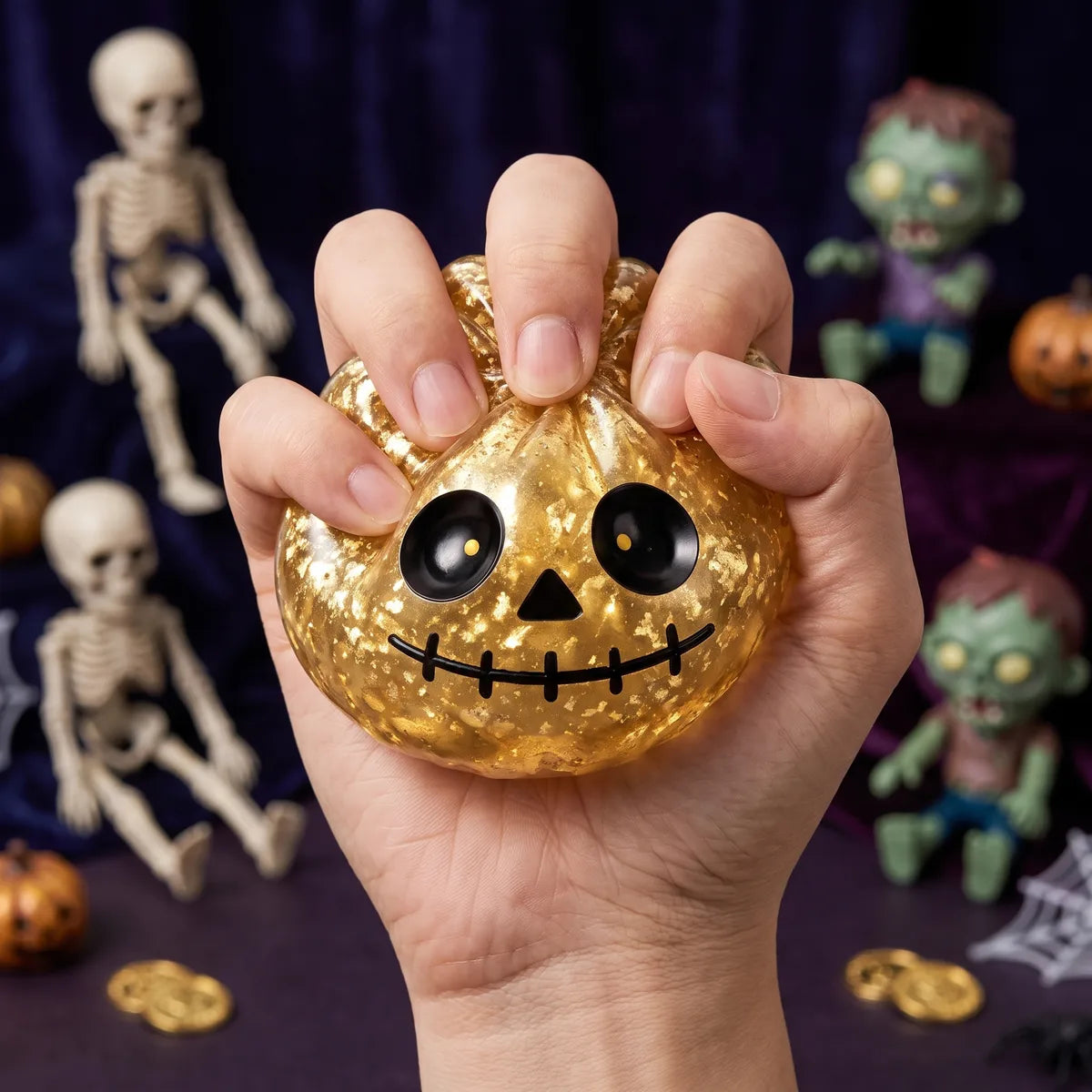 Squishy Dumpling Zombie doré — Halloween — pressé, reprise lente de la forme