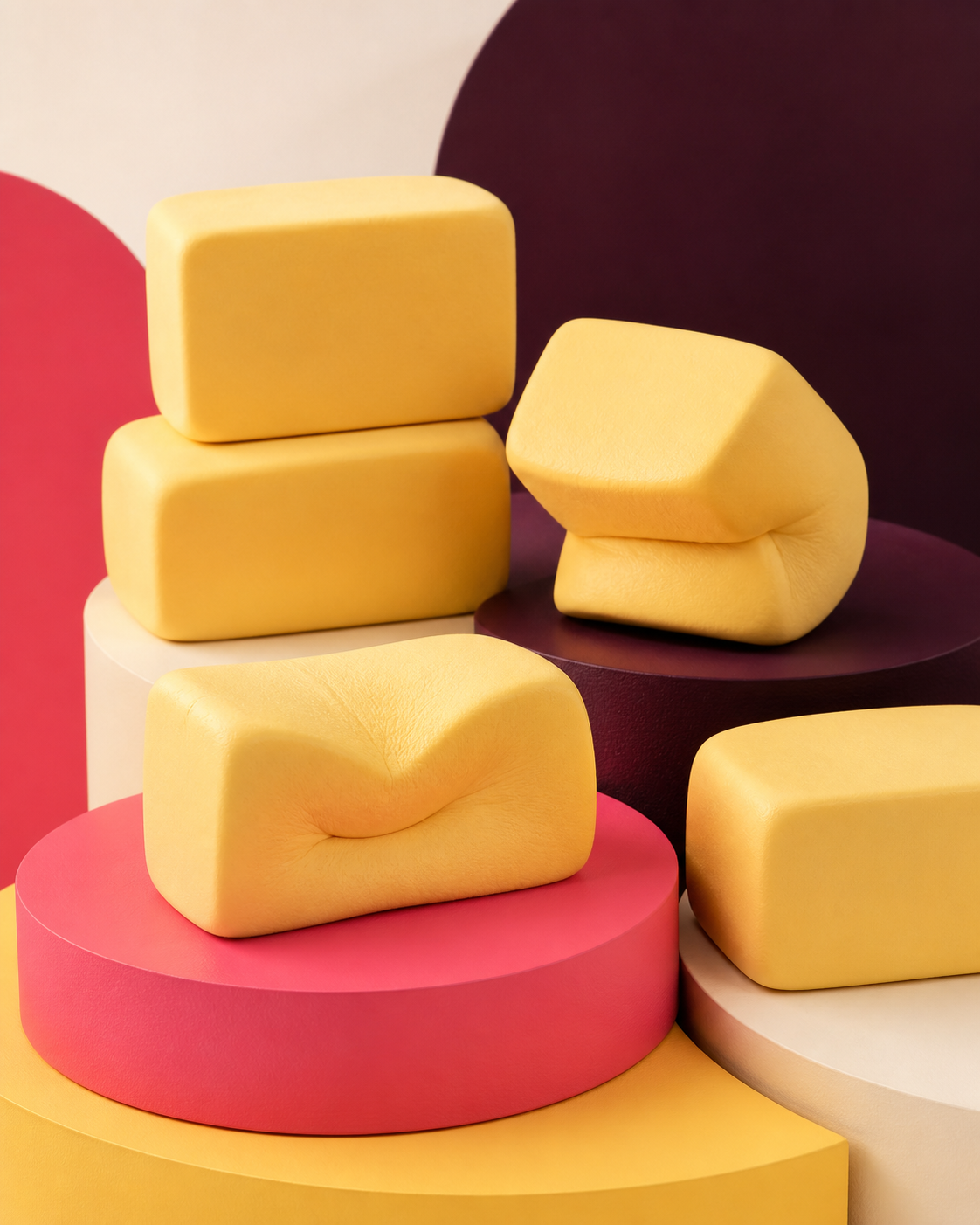 Plusieurs squishies butter jaunes pressés et déformés sur des socles roses et prune