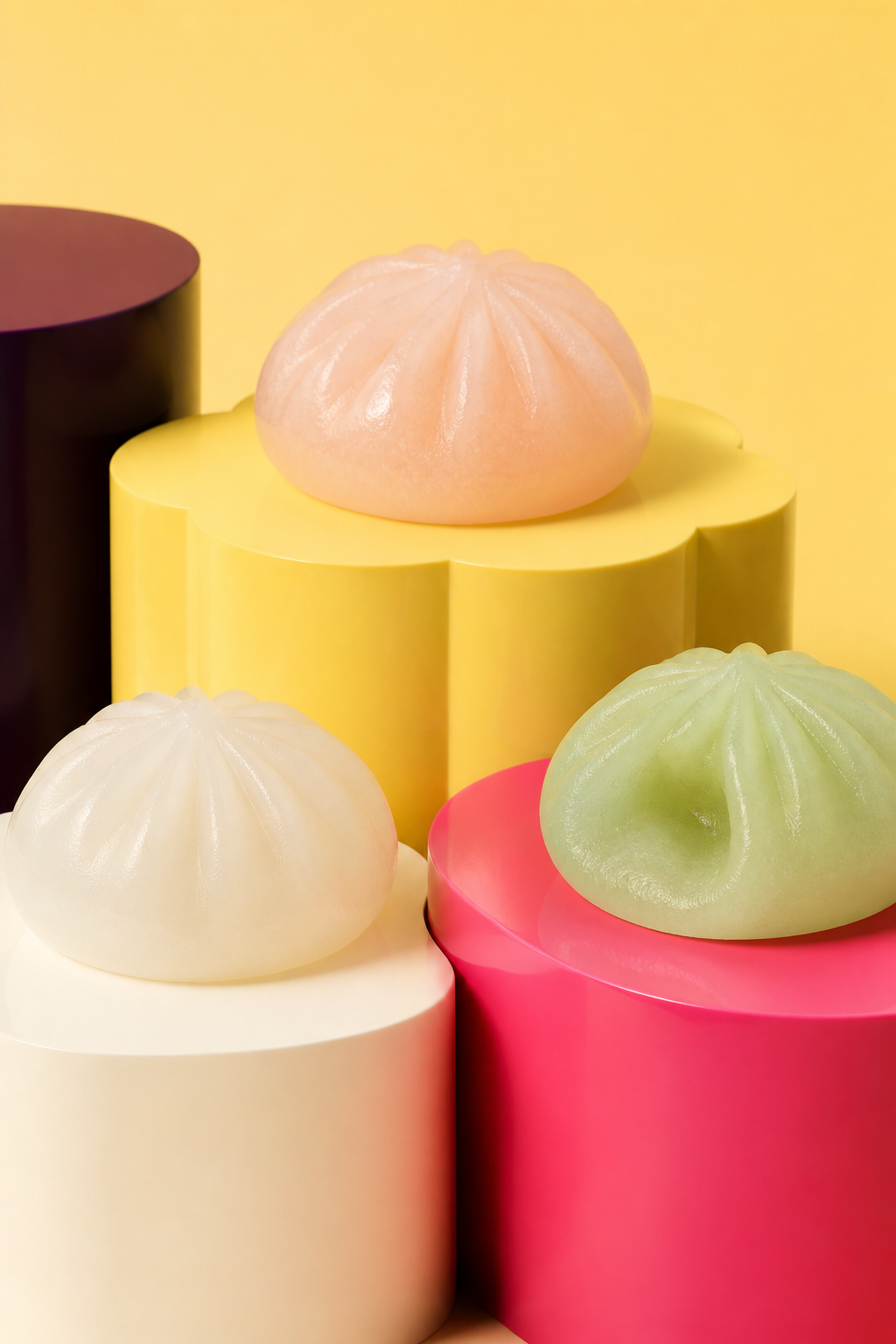 Trois squishies dumpling translucides, dont un modèle vert pressé, sur des socles colorés